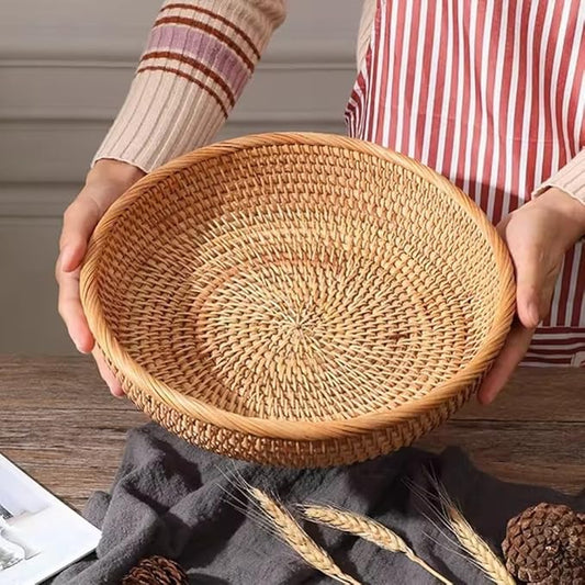 Natural Hand-Woven Rotundish Fruit Basket Wicker Food Tray Woven Storage Rack Vegetable Basket Picnic Tray Organizer (1, S)