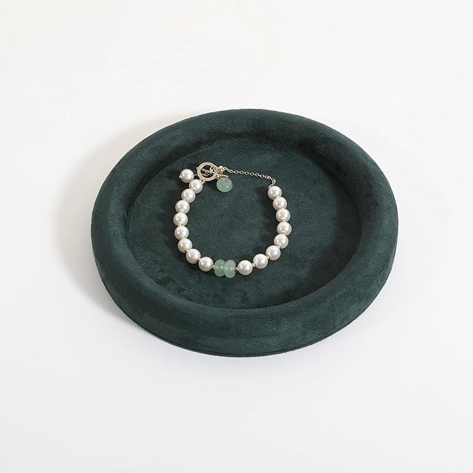 GemeShou Round Jewelry Organizer Plate, Top Microfiber Velvet Jewelry Display Tray, Empty Jewelry Showcase Tray for Necklaces, Bracelets, Rings, Earrings (Green-Small, 5.9 x 5.9 in)