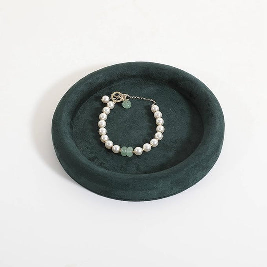 GemeShou Round Jewelry Organizer Plate, Top Microfiber Velvet Jewelry Display Tray, Empty Jewelry Showcase Tray for Necklaces, Bracelets, Rings, Earrings (Green-Small, 5.9 x 5.9 in)