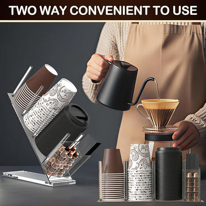 Acrylic Coffee Cup and Lid Organizer, Adjustable Cups and Lid Holder, 5 Compartment Coffee Cup Holder for Disposable Paper Plastic Cups, Coffees Bar Organizers accessories