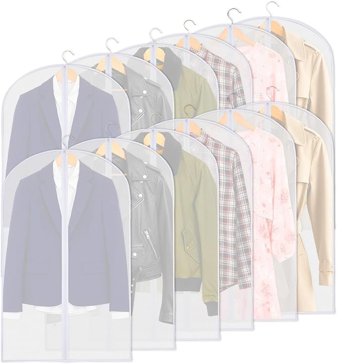 12 Pack Clear Garment Bags for Hanging Clothes, 40" Suit Bags for Closet Storage,Plastic Dustproof Suit Cover Bags,Plastic Suit Cover Bags with Zipper for Coats,Jackets,Shirts (24''X40")