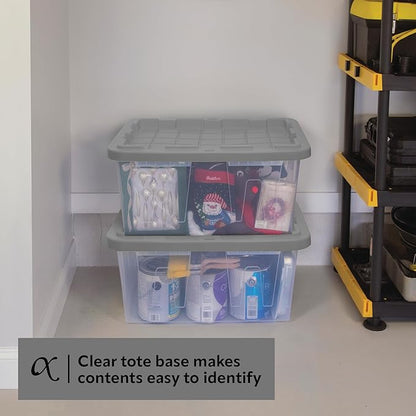 CX BLACK & YELLOW 27-Gallon Heavy Duty Clear Storage Bins with Lids, Stackable Plastic Storage Bins with Weather-Resistant Design, Home Organization, Clear & Grey, 4 Pack (14.3H x 20.6W x 30.6D)