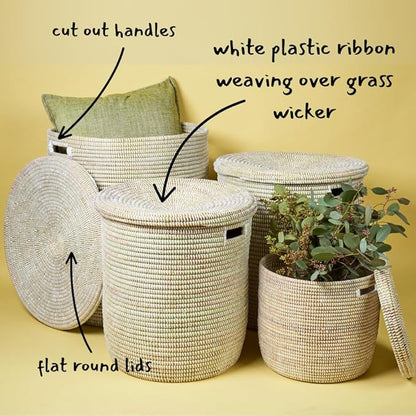 Storage & Organization, Decorative Baskets for your Home, Laundry Hamper, Baby Nursery Toys Bin, Living Room Blankets Storage, Towels Holder, Wicker, Woven, Lid, Wide, White, Set, 4pcs