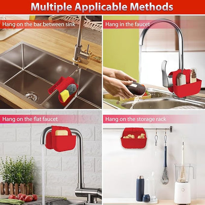 OKeanu Sponge Holder for Kitchen Sink, Silicone Sink Saddle Caddy Organizer Rack, Sponges Holder Over Faucet, Hanging Kitchen Organizer Accessories Rack Basket - Red