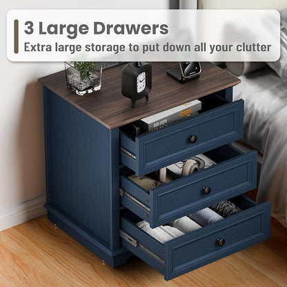 Nightstand with Charging Station, 24” Wide End Table with 3 Drawers, Modern Bedside Table with Storage, Wood Small Dresser for Bedroom Room (Blue)