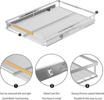 SANNO Pull Out Cabinet Organizer, Kitchen Sliding Shelf Under Sink Shelf, Expandable Drawer Shelves with Sliding Steel Metal Cabinet Drawers Slide Out, Chrome Finish，Expandable 12.1 to 18.4" W