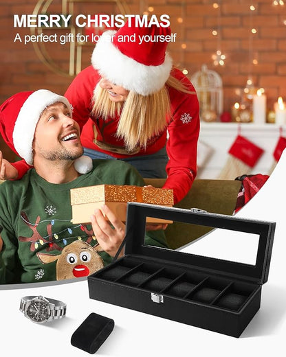 Uten Watch Box, 6 Slots Watch Case, Watch Organizer Jewelry Storage with Large Glass Lid, Black Lining, Watch Display Box for Men & Women Gift