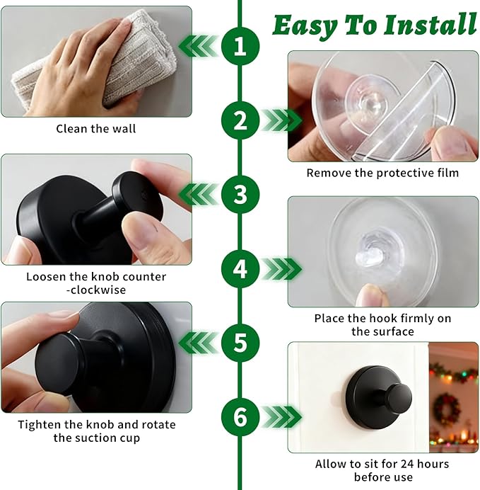 MIRAIWATIMO Strong Suction Cup Hooks -2026 New Upgraded No Drill Heavy Duty Hooks for Shower, Bathroom,Glass Door,Tile,Mirror & Front Door - Wreath Hanger,Towel,Robe,Loofah Holder - Black 2 Pack