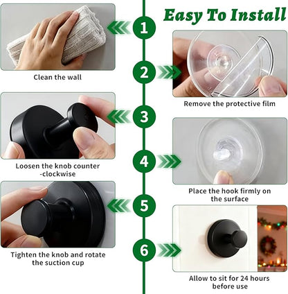 MIRAIWATIMO Strong Suction Cup Hooks -2026 New Upgraded No Drill Heavy Duty Hooks for Shower, Bathroom,Glass Door,Tile,Mirror & Front Door - Wreath Hanger,Towel,Robe,Loofah Holder - Black 2 Pack