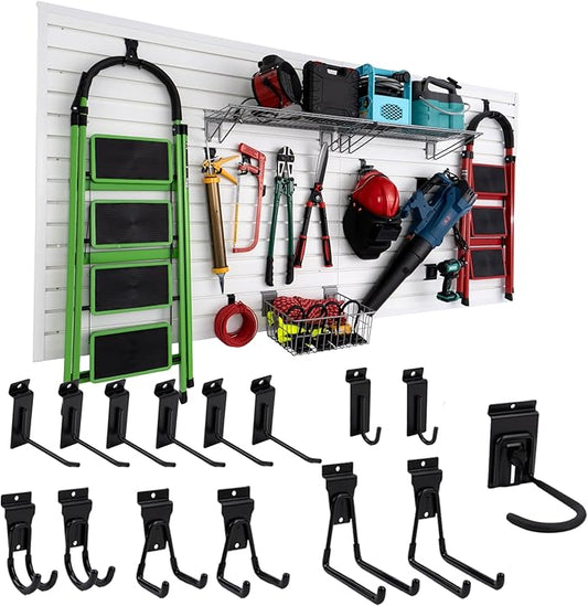 Slatwall Panel 4'x8' with 15 Accessories Garage Tool Organizer Wall Mount PVC Panels for Interior Wall Décor, White Slat Wall Paneling Bike Rack Garage Storage & Organization Products