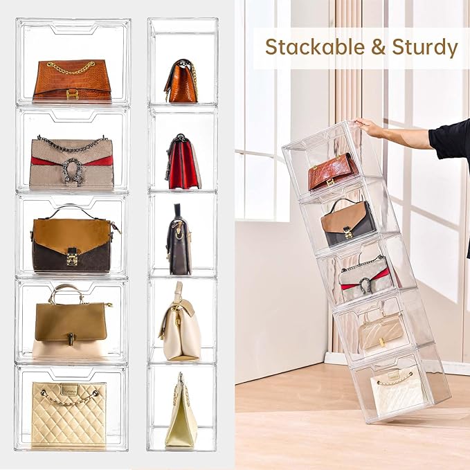 Freebat Stackable Storage Bins,Clear Acrylic Display Case, Acrylic Boxes with Lids, Stackable Storage for Handbags & Purse, Magnetic Lid Storage Bins for Home Organization-1 Pack
