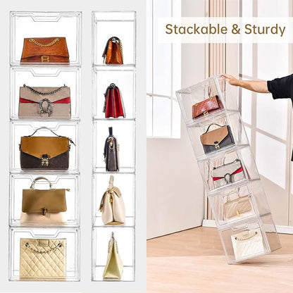 Freebat Stackable Storage Bins, Clear Acrylic Display Case, 5-Pack Acrylic Boxes with Lids, Clear Storage Containers Storage for Handbags, Collectibles & Figures