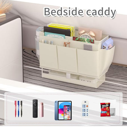 Frjjthchy Bedside Caddy Bedside Organizer,Bed Caddy with 11 Pockets and Power Strip Holder,Versatile Bedside Storage Caddy for Home,Dorm,Bunk,Hospital,Crib Bed (White)