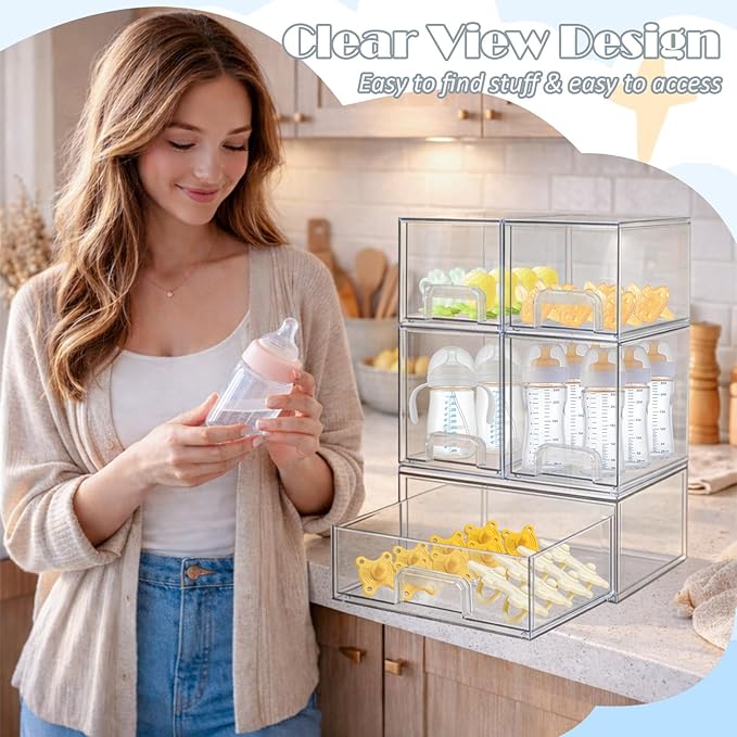 Baby Bottle Organizer-5 Pack Stackable Storage Drawers, Baby Organizers and Storage with Hooks, Clear Acrylic Multipurpose Bottle Storage for Countertop,Kitchen,Cabinet,Vanity,Bathroom