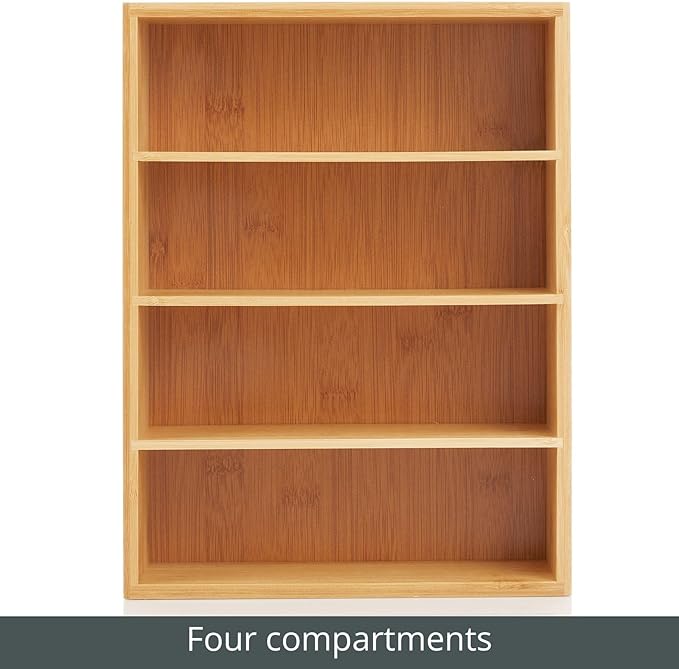 mDesign Bamboo Wood Food Storage Organizer Box, 4 Section, Divided Compartment Bin; Container for Kitchen, Pantry; Holder for Spices, Snacks, Tea, Coffee Cup - Echo Collection - 2 Pack - Natural