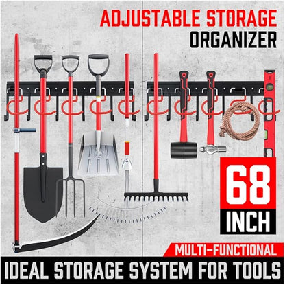 SEDY 68" All Metal Garden Tool Organizer Hooks - Garage Wall Organizer Sturdy Garden Tool Storage System Yard Tool Garage Tool Organizer Wall Mount Shed Organization Shovel Broom Rake Holder