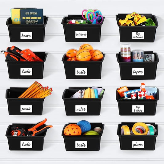 Mifoci 12 Pcs Storage Bins for PVC Slatwall Plastic Bin with Stickers Pens Slatwall Accessories for Organizing Hardware Craft Storage Tool Organizer Garage Craft Room Tool Shed(Black)