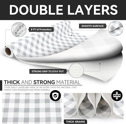 RAY STAR Shelf Liners for Kitchen Cabinets Non-Adhesive, 18 Inch X 8 Feet Cabinet Liners for Shelves Waterproof Easy Trim Wipe Clean Non Slip Grip Bottom Drawer Pantry Liner Gingham Checkered Grey