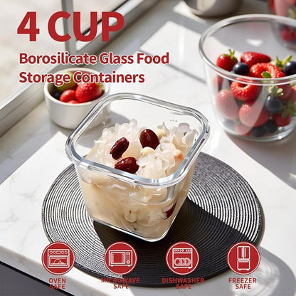 4 Cup Square Glass Food Storage Container with Lids, Square Glass Soup Container with Airtight Lids, 32 OZ Food Prep Bowls for Leftovers, Salad, Microwave、Fridge、Dishwasher Safe (4 Pack)