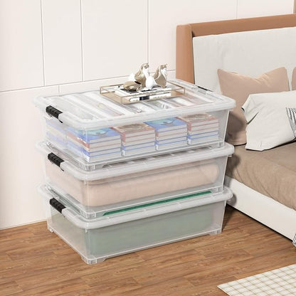 Waikhomes 50 Quart Plastic Under Bed Storage Boxes, Clear Under Bed Storage Containers with Wheels, 3-Pack