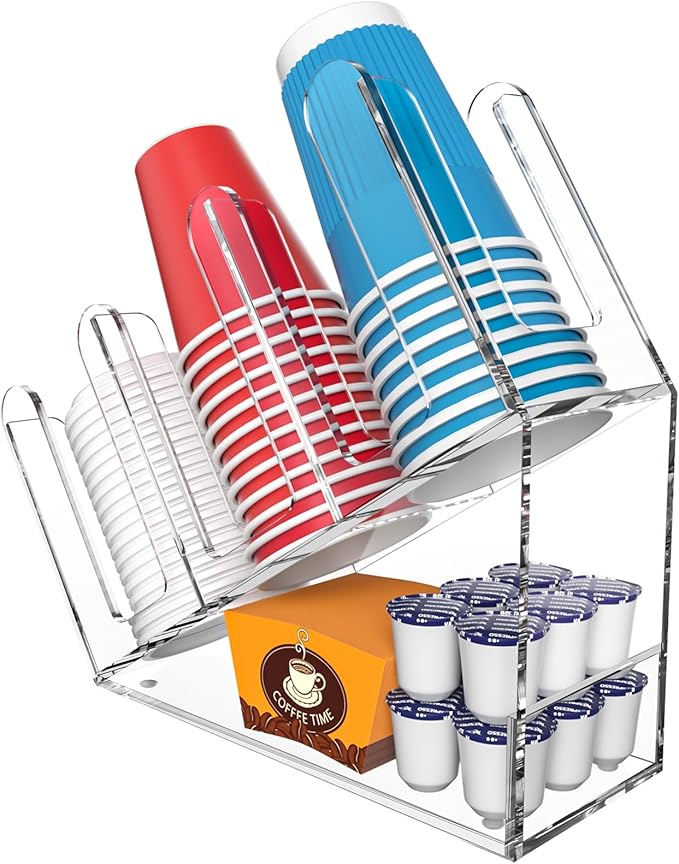 WINFFOR 3-Compartment Disposable Cup Holder - Cup and Lid Holder with Straw Organizer Clear Acrylic Cup Dispenser with Coffee Pod Storage for Coffee Station Bar Countertop Restaurant Breakroom
