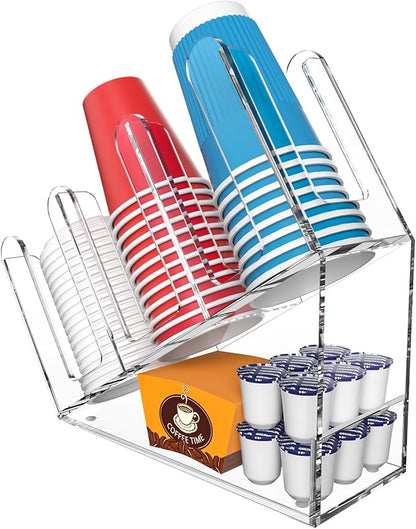 WINFFOR 3-Compartment Disposable Cup Holder - Cup and Lid Holder with Straw Organizer Clear Acrylic Cup Dispenser with Coffee Pod Storage for Coffee Station Bar Countertop Restaurant Breakroom