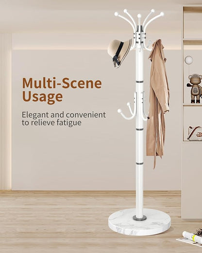 Metal Coat Rack Stand with Natural Marble Base, Modern Coat Rack Freestanding, 360°Rotary Coat Racks with 14 Hooks, White Coat Stand Hall Tree Hanger Stand for Entryway, Office，Corner