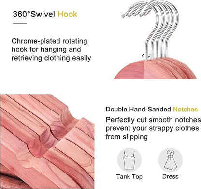 TOPIA HANGER American Red Cedar Wooden Hangers, Clothes Hangers for Closet, Wood Coat Hanger with Smooth Cut Notches, 360°Flexible Hook, Non-Slip Pants Bar,10 Pack-CT07C