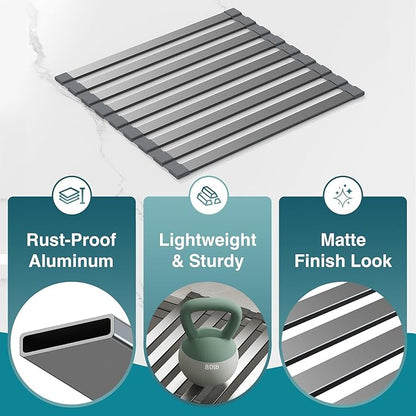 Aluminum Roll Up Dish Drying Rack Over The Sink, 17.7" x 13.4" Rust-Proof Foldable Dish Drainer Mat, Heat Resistant Trivet & Kitchen Sink Cover, Fits Sinks up to 16.8" Wide, Matte Gray