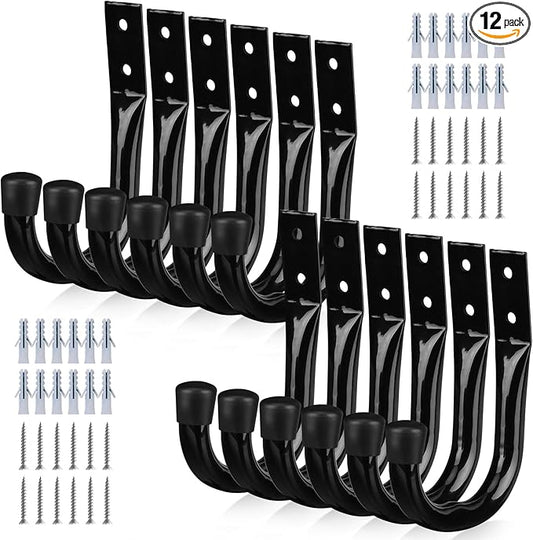 Heavy Duty Garage Storage Hooks, 12-piece Bike Hooks for Garage Wall, Utility Garage Hooks, Wall Mount J Hook for Hanging, Large Metal Storage Organizer Tool, Extension Cord Hanger
