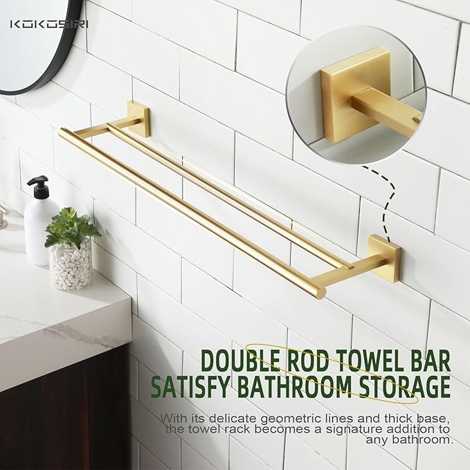 KOKOSIRI Bathroom Towel Bars Double Bath Towel Holders for Toilet Kitchen Cabinet Wall Mount 24 Inch Brushed Gold Stainless Steel B5005BG-L24