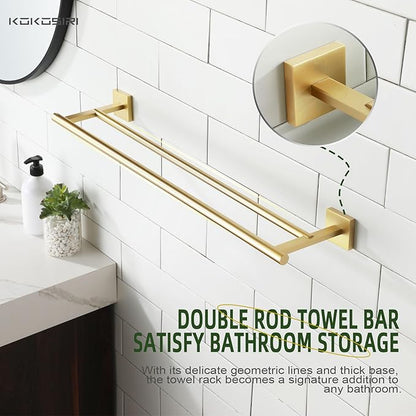 KOKOSIRI Bathroom Towel Bars Double Bath Towel Holders for Toilet Kitchen Cabinet Wall Mount 24 Inch Brushed Gold Stainless Steel B5005BG-L24
