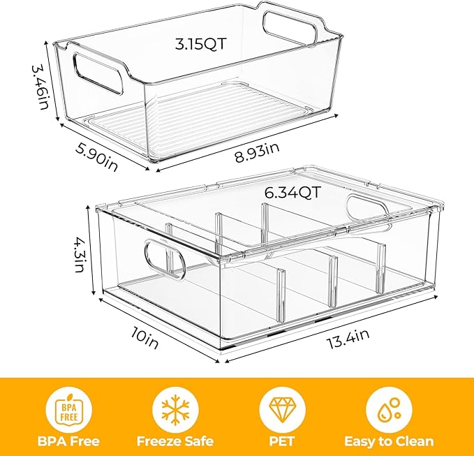 Greenby Refrigerator Organizer Bins with Pull-out Drawer 6 Pack Stackable Clear Fridge Drawer Organizer Fruit Vegetable Storage Containers for Kitchen Pantry Organization (2 Large+4 Medium)