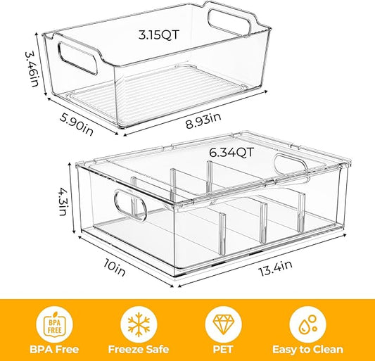Greenby Refrigerator Organizer Bins with Pull-out Drawer 6 Pack Stackable Clear Fridge Drawer Organizer Fruit Vegetable Storage Containers for Kitchen Pantry Organization (2 Large+4 Medium)