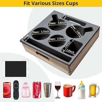 KindGa Couch Cup Holder, Waterproof Anti-Spill Couch Drink Holder for Snacks Beverage Remote, Food Grade Silicone Wooden Couch Caddy for Bed Car Seat Beach Tray (Black)