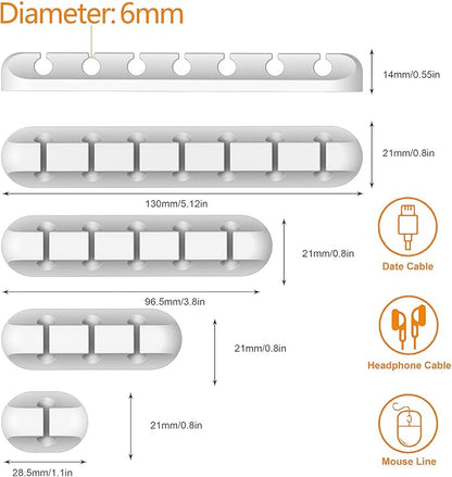 Cord Holder Cable Organizer Clips – Self Adhesive Cord Organizer for Desk, Car, Nightstands, Office, White Silicone Cord Keeper Cable Clips Wire Holders for Phone Charger Cords (7-5-3-1-1 Slots)