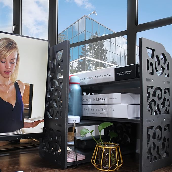 YGYQZ Desk Shelves Desktop Orgnizer Shelf-Black Office Organization for Top of Adjustable Desk Organizers and Corner Bookshelf Table Top Shelving Small Hutch Decorations for Women Office