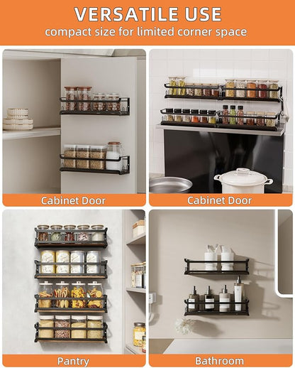 Doakhirmit Wall Mounted Spice Rack with 16 Hooks, Rustic Wood Spice Organizer Shelf for Stove Cabinet Pantry Door,Screw or Adhesive Hanging Spice Shelf,Wall Spice Rack in Kitchen and RV,4 Pack