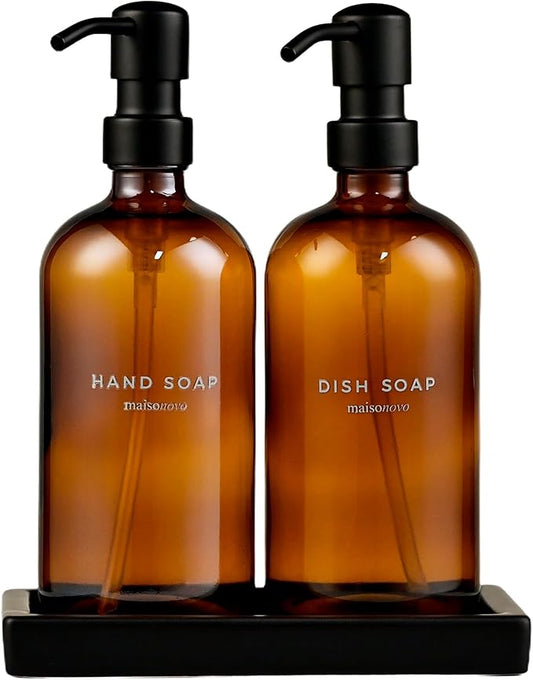 Maisonovo Kitchen Soap Dispenser Set | Hand and Dish Soap Dispenser Set with Handmade Ceramic Vanity Tray and 16 Waterproof Labels | Amber Glass Bottles & Black Pumps
