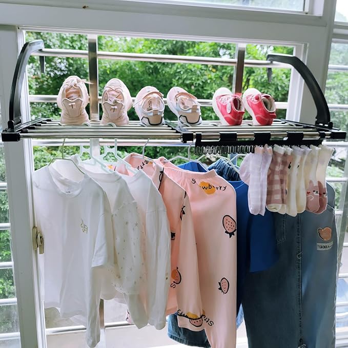 Portable Clothes Drying Rack for Balcony Railings Windowsill, Folding Towel Rack Indoor Outdoor Retractable Laundry Rack with Sock Clips for Drying Socks