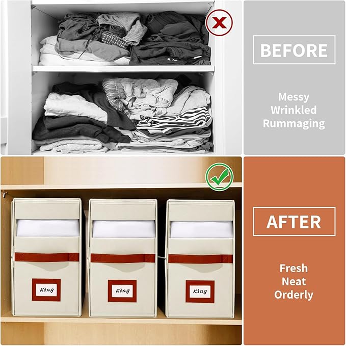 Jumpso 2 Pack Foldable Sheet Organizers and Storage with Oxford Fabric, Clear PVC Window & Leather Handle – Linen Closet Shett Storage for Bedding, Blankets, Duvet Cover Set, Quilt