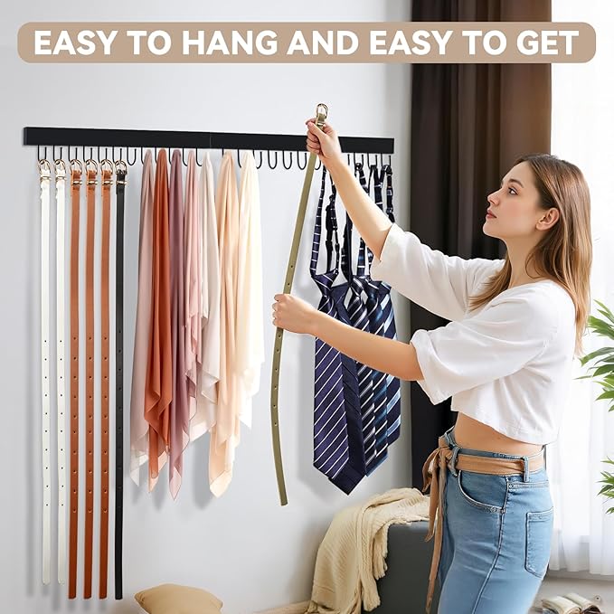 HOMEBROS Belt Hanger Wall Mount, Wooden Closet Belt Organizer with 24 Metal Hooks, Large Capacity, Black, 2 Pcs