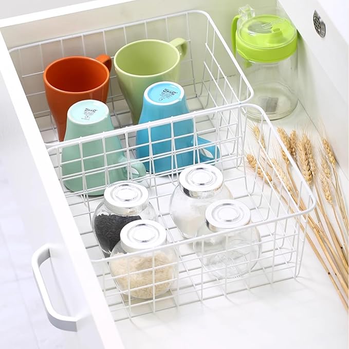 4 Pack White Wire Baskets 11.1"x8.7"x4.7", Wire Freezer Storage Organizer Bins Farmhouse Metal Freezer Basket with Handles for Cabinets, Pantry, Closets, Bedrooms