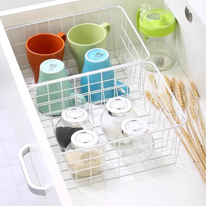 4 Pack White Wire Baskets 11.1"x8.7"x4.7", Wire Freezer Storage Organizer Bins Farmhouse Metal Freezer Basket with Handles for Cabinets, Pantry, Closets, Bedrooms