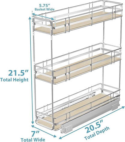 Pull Out Spice Rack Cabinet Organizer 7" W x 20½" D, 3 Tier Heavy Duty Slide Out Wood Shelf for Narrow Cabinet, Pull Out Storage for Kitchen