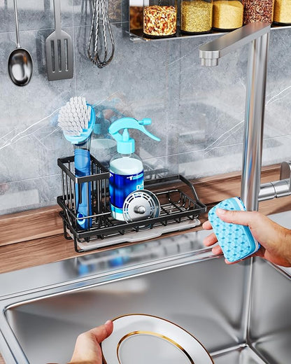 Consumest Sponge Holder for Kitchen Sink - Kitchen Sink Caddy Organizer with Removable Drip Tray for Countertop Dish Soap Dispenser Brush Storage Accessories 304 Stainless Steel - Black