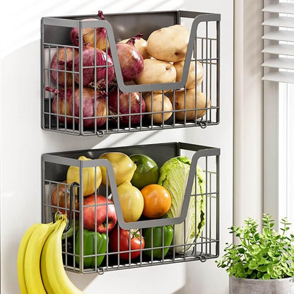 Grey Magnetic Shelf for Fridge, 2 Set Potato and Onion Storage Bins, Magnetic Fruit Basket for Fridge Pantry Organizers & Storage, Magnetic Spice Rack for Refrigerator Kitchen Counter, Cabinet