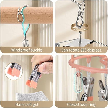PHYDELU Drying Rack Clothing with 24 Clips，Sock Hanger for Drying，Hanging Clothes Dryer Underwear Hangers Racks Laundry Herb Socks Panty Wet Bra Lingerie Baby Delicates Foldable Small Indoor Metal
