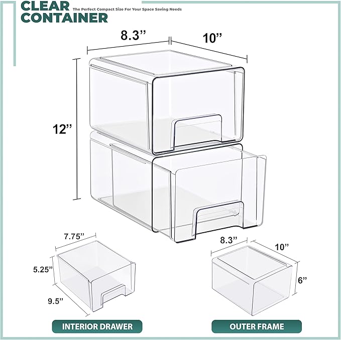 Sorbus Large Clear Stackable Storage Drawers – 2-Pack Plastic Organizer Bins with Handles – Pull-Out Stackable Drawers for Bathroom Closet, Medicine, Cabinet, Pantry Storage, Baby Bottle Organizer