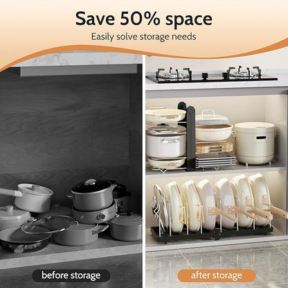 CEHNCEH Pots and Pans Organizer under Cabinet for Cabinet and Countertop Longest 28.5 in Foldable Adjustable 8-Tier Pan Organizer Rack Perfect to Store Pots, Kitchen Cabinet Organizer (Black)